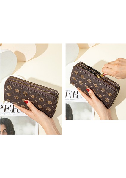 Çift Fermuarlı Clutch Baskılı Cüzdan Kadın Uzun Büyük Kapasiteli Çift Katmanlı Cüzdan Cep Telefonu Küçük (Yurt Dışından) fırsatları