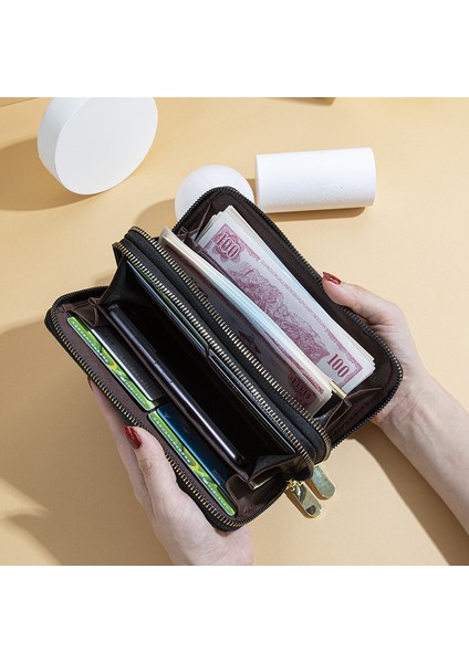 Bayanlar Cüzdan Uzun Moda Büyük Kapasiteli Çift Fermuarlı Clutch Kart Tutucu (Yurt Dışından)