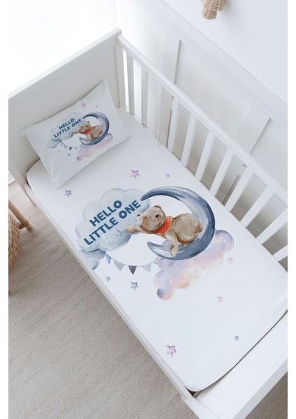 Anne Yanı Beşik Lastikli Çarşaf Seti - Pure Baby Serisi - Aya Uzanan Ayı