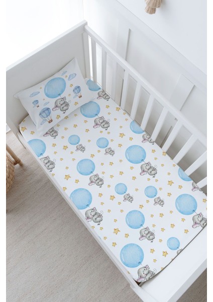Bebek Boy Lastikli Çarşaf Seti - For Baby Serisi - Mavi Büyük Balonlu Fil