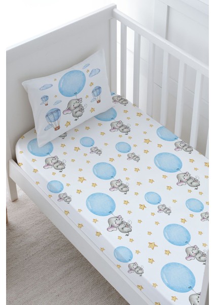 Bebek Boy Lastikli Çarşaf Seti - For Baby Serisi - Mavi Büyük Balonlu Fil