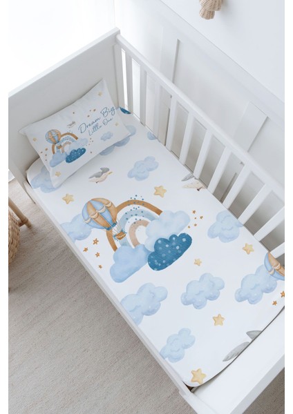 Bebek Boy Lastikli Çarşaf Seti - Iconic Serisi - Mavi Bulutlar ve Balon