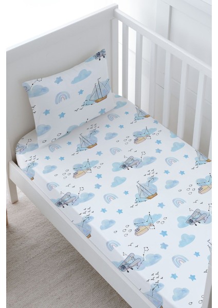 Bebek Boy Lastikli Çarşaf Seti - Iconic Serisi - Mavi Hava Balonlu Gökkuşağı fiyatları
