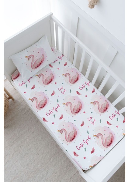 Bebek Boy Lastikli Çarşaf Seti - For Baby Serisi - Pembe Zeminli Kuğu
