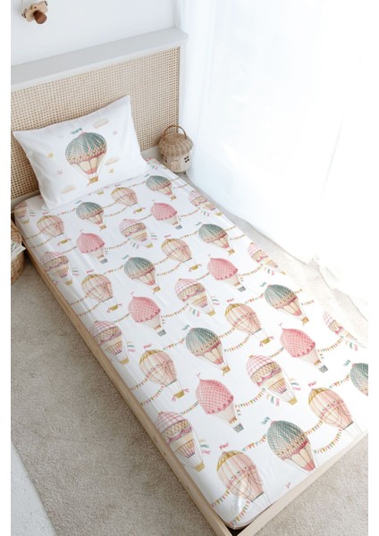 Tek Kişilik Lastikli Çarşaf Seti - Iconic Serisi - Pembe Uçan Balon