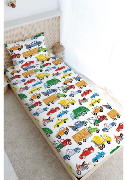 Tek Kişilik Lastikli Çarşaf Seti - Iconic Serisi - Renkli Araçlar