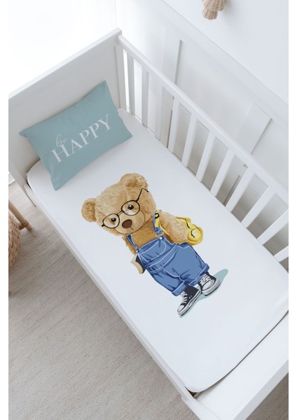 Bebek Boy Lastikli Çarşaf Seti - Pure Baby Serisi - Salopetli Ayıcık