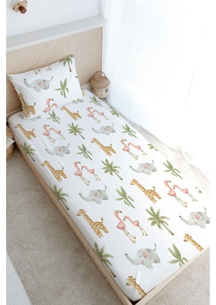 Tek Kişilik Lastikli Çarşaf Seti - Iconic Serisi - Pembe Safari Hayvanlar