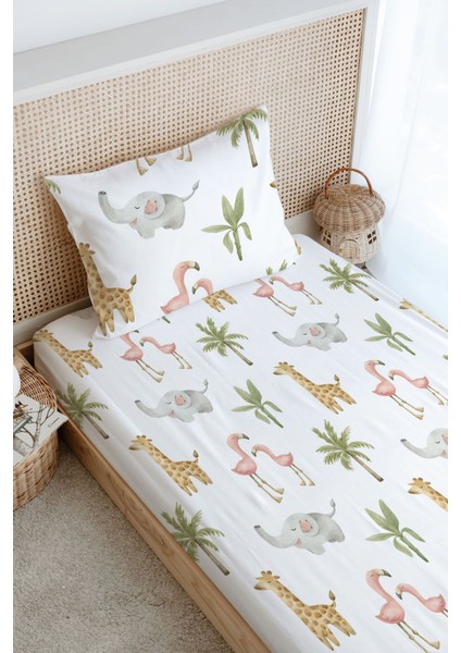 Tek Kişilik Lastikli Çarşaf Seti - Iconic Serisi - Pembe Safari Hayvanlar modelleri