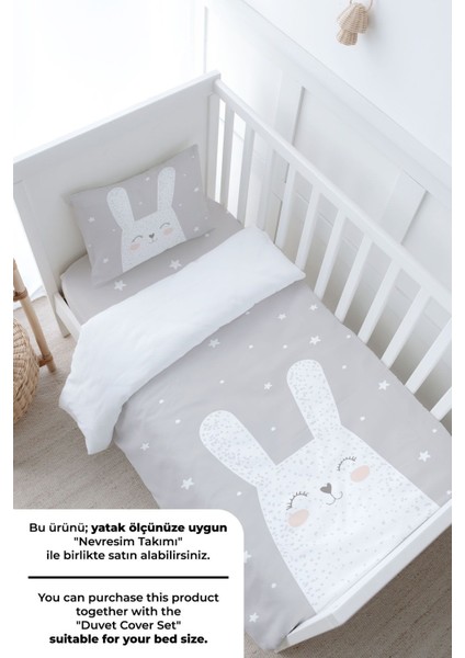 Anne Yanı Beşik Lastikli Çarşaf Seti - Pure Baby Serisi - Gri Zeminli Beyaz Tavşan modelleri