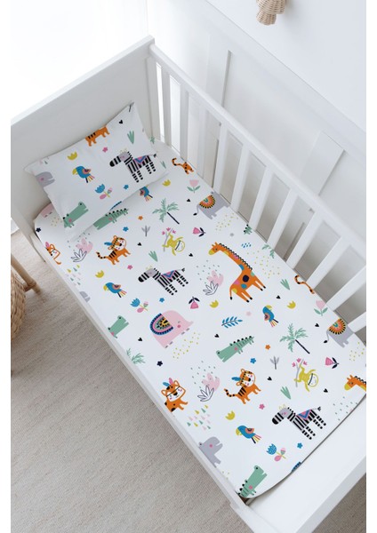 Bebek Boy Lastikli Çarşaf Seti - Iconic Serisi - Renkli Geometrik Hayvanlar