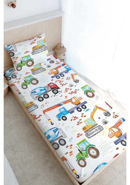 Tek Kişilik Lastikli Çarşaf Seti - Iconic Serisi - Renkli Iş Makinaları