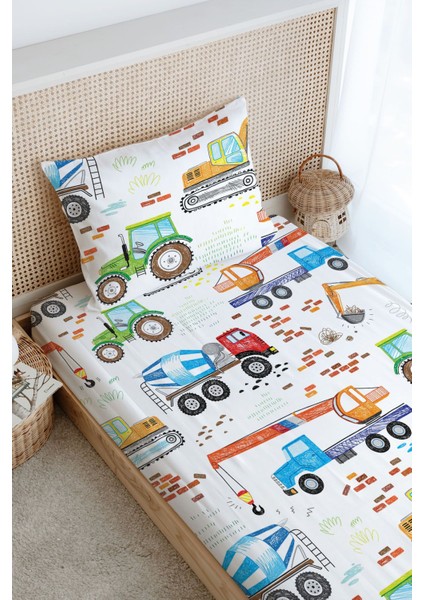Tek Kişilik Lastikli Çarşaf Seti - Iconic Serisi - Renkli Iş Makinaları modelleri