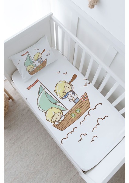 Anne Yanı Beşik Lastikli Çarşaf Seti - Pure Baby Serisi - Sevimli Kaptan ve Miço