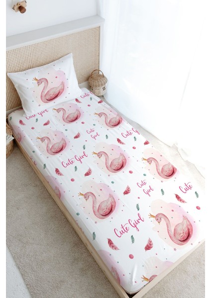 Tek Kişilik Lastikli Çarşaf Seti - For Baby Serisi - Pembe Zeminli Kuğu
