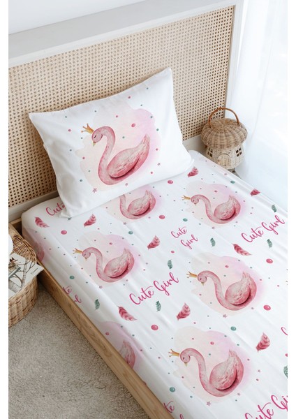 Tek Kişilik Lastikli Çarşaf Seti - For Baby Serisi - Pembe Zeminli Kuğu