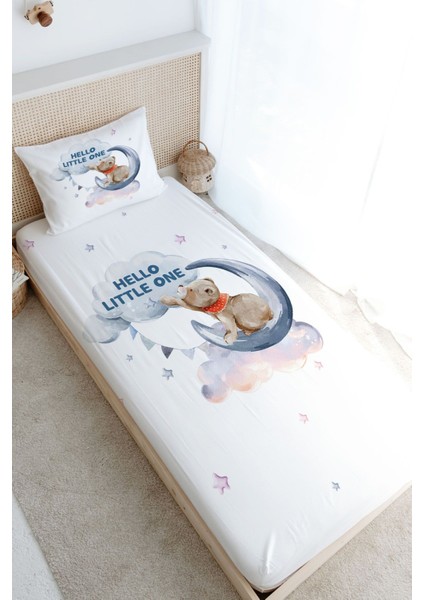Tek Kişilik Lastikli Çarşaf Seti - Pure Baby Serisi - Aya Uzanan Ayı