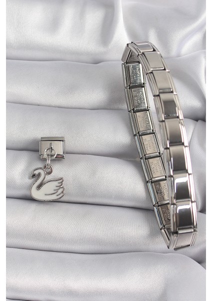 316L Çelik Gümüş Renk Sallantı Beyaz Kuğu Model Nomination Charm