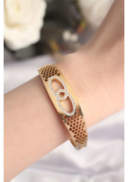 316L Çelik Gold Renk Zirkon Taşlı Kadın Kelepçe Bilezik - Lisinya