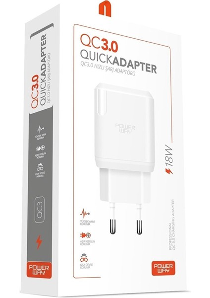 Powerway QCL30 Hızlı 3000 Ma 18W Lıghtnıng Şarj Kafa Başlık Adaptörü (4767) - Lisinya