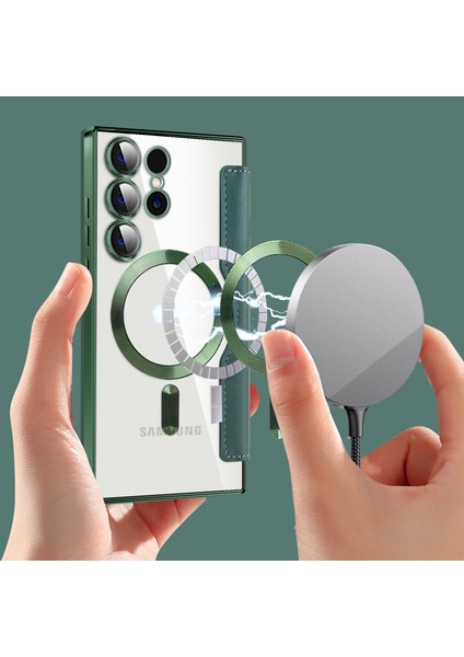Samsung Galaxy S25 Ultra Için Magsafe Şeffaf Elektrokaplama Manyetik Pu Deri Telefon Kılıfı - Yeşil (Yurt Dışından) modelleri