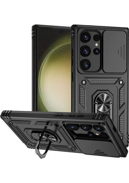 Samsung Galaxy S25 Ultra Için Halka Ayaklı ve Kayar Kamera Kapaklı Telefon Kılıf - Siyah (Yurt Dışından)