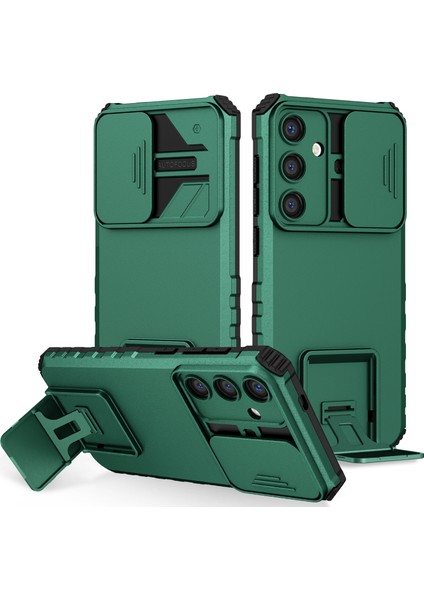 Samsung Galaxy S25 Kayar Kamera Kapaklı Sağlam Standı Telefon Kılıfı - Yeşil (Yurt Dışından)