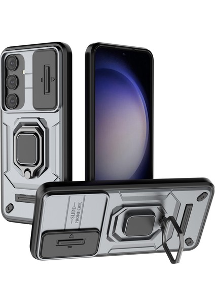Samsung Galaxy S25 Için Slide Lens Koruma Kılıfı Hibrit Dayanıklı Halka Destekli Telefon Kılıfı - Gri (Yurt Dışından)