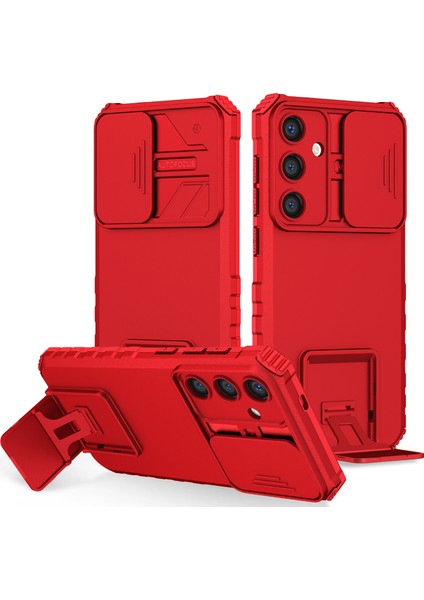 Samsung Galaxy S25 Kayar Kamera Kapaklı Sağlam Standı Telefon Kılıfı - Kırmızı (Yurt Dışından)