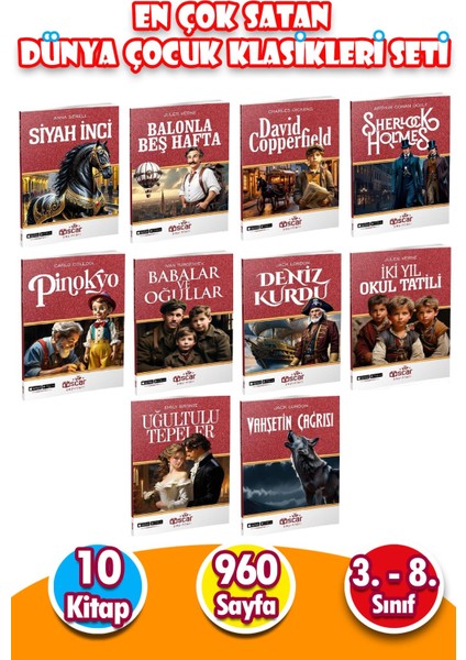 En Çok Satan Dünya Çocuk Klasikleri Seti 3. 4. 5. 6. 7. 8. Sınıf Çocukları IÇIN 100 TEMEL ESER - 10 Kitap - 960 Sayfa