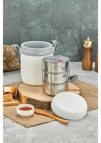 Akıllıelma-Cooker Yemek Termosu Beyaz Çelik 3 Lü CKR-3147