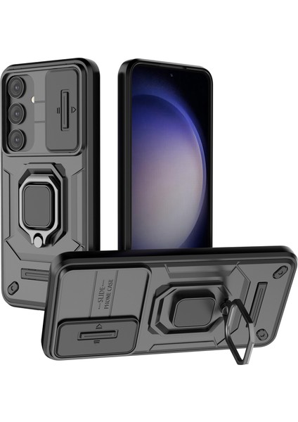 Samsung Galaxy S25 Için Slide Lens Koruma Kılıfı Hibrit Dayanıklı Halka Destekli Telefon Kılıfı - Siyah (Yurt Dışından)