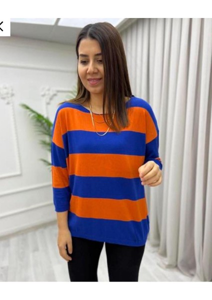 Kadın Kalın Şerit Çift Renk Pamuklu Uzun Kol Triko Bluz