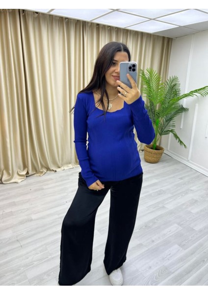 Kadın Kare Yaka Uzun Kol Triko Bluz
