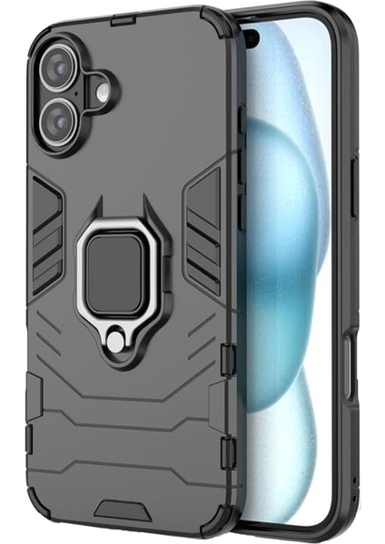 Apple iPhone 16 ile Uyumlu Batman Serisi Yüzük Standlı Armor Kılıf - Siyah AL3349