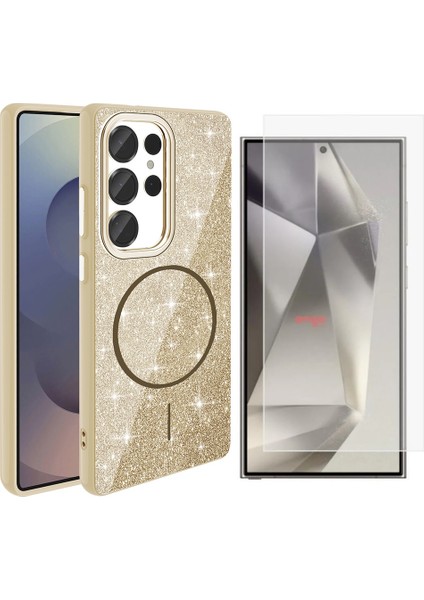 Samsung Galaxy S25 Ultra Kılıf Magsafe Şarj Özellikli Parlayan Simli Zore Okso Kapak + Nano Ekran Koruyucu