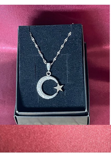Ay Yıldız Motifli Işıltılı Gümüş Kolye fiyatları