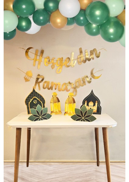Ramazan Masa Süsleme Seti Ev Okul Ramazan Süslemeleri Gold Bannerlı Balonlu Yeşil Gold Maketli Paket