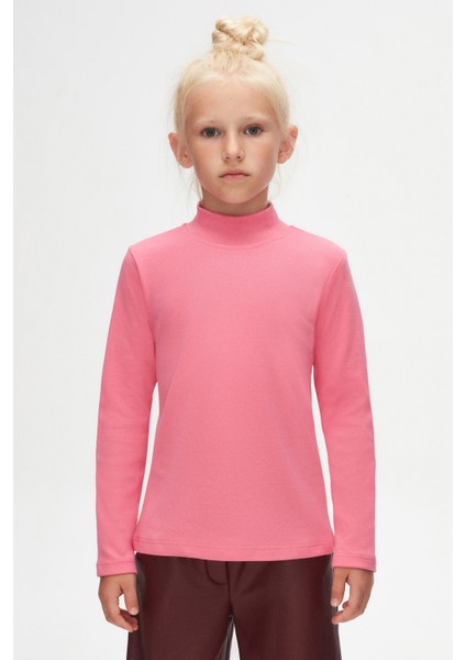 Şeker pembe Basic Kışlık Yarım Balıkçı Yaka Uzun Kollu Kız Çocuk Tişört
