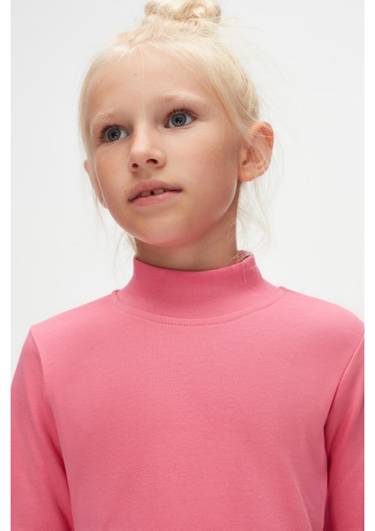 Şeker pembe Basic Kışlık Yarım Balıkçı Yaka Uzun Kollu Kız Çocuk Tişört