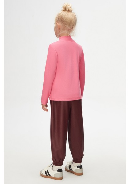 Şeker pembe Basic Kışlık Yarım Balıkçı Yaka Uzun Kollu Kız Çocuk Tişört