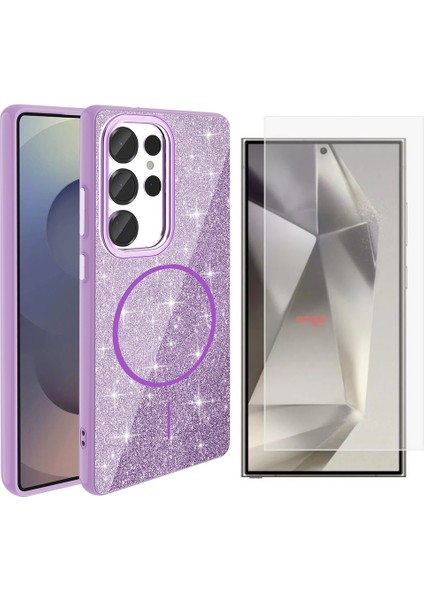 Samsung Galaxy S25 Ultra Kılıf Magsafe Şarj Özellikli Parlayan Simli Zore Okso Kapak + Nano Ekran Koruyucu