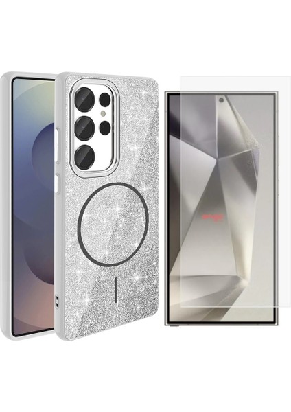 Samsung Galaxy S25 Ultra Kılıf Magsafe Şarj Özellikli Parlayan Simli Zore Okso Kapak + Nano Ekran Koruyucu