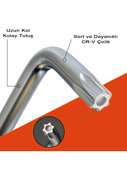 9 Pcs Uzun Boy Tork Alyan Anahtar Takımı - 9 Parça Yıldız Anahtar Seti-Kromvanadyumçelik