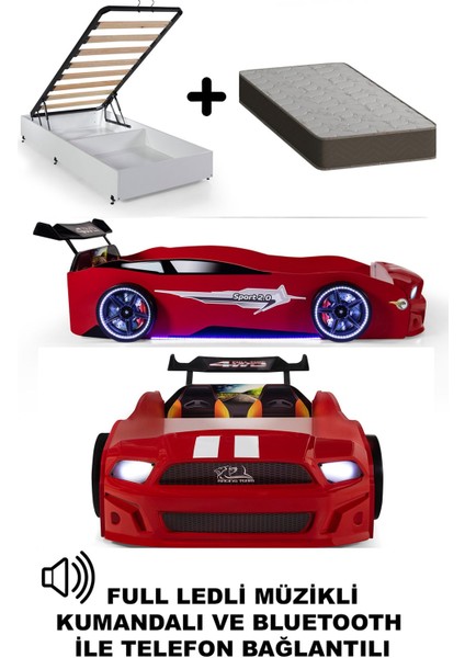 Kırmızı Arabalı Yatak Sport Mst Full Ledli Kumandalı Baza Ortopedik Yatak