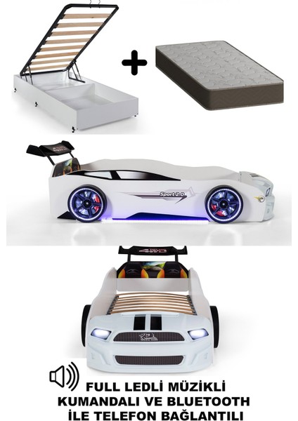 Beyaz Arabalı Yatak Sport Mst Full Ledli Kumandalı Baza Ortopedik Yatak