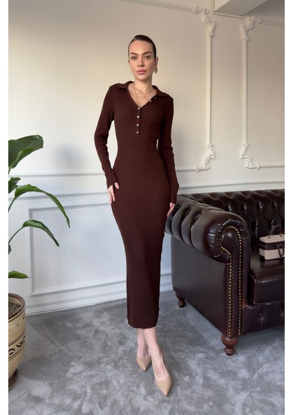 V Yaka Kaşkorse Kumaş Marka Elbise- Kahverengi fiyatları