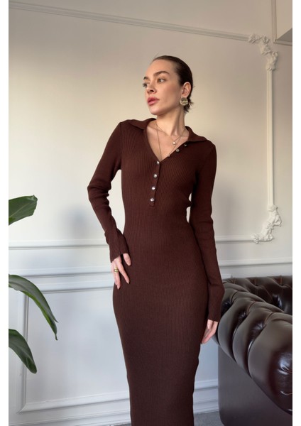 V Yaka Kaşkorse Kumaş Marka Elbise- Kahverengi modelleri