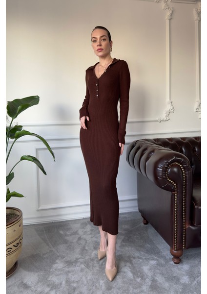 V Yaka Kaşkorse Kumaş Marka Elbise- Kahverengi fırsatları