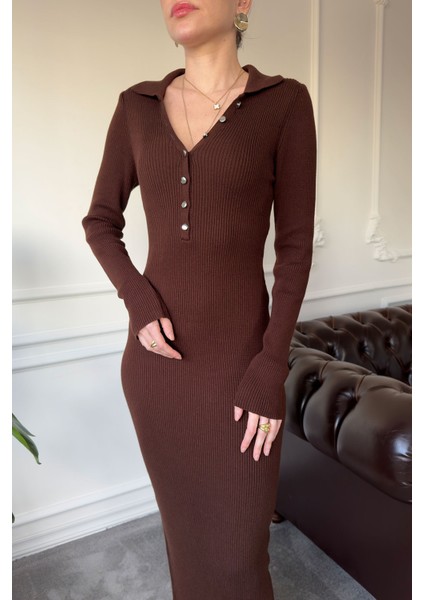 V Yaka Kaşkorse Kumaş Marka Elbise- Kahverengi indirimleri